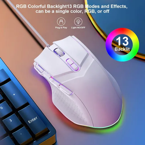 Vista 5 de LEWENTECH Ratón gaming 6 niveles de DPI ajustables hasta 7200 ratón gaming para PC con cable 8 botones programables 13 modos LED RGB ajustables 1.5