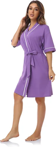 Vista 118 de COLORFULLEAF Bata de baño de manga corta para mujer, 100% algodón, longitud hasta la rodilla, con bolsillos
