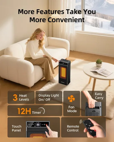 Vista 8 de Calentador ambiental, calentadores eléctricos para uso en interiores con termostato, control remoto, temporizador de 1-12H, oscilación de 70°