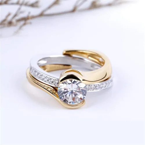 Vista 4 de Jeulia Anillo asimétrico de 2,5 quilates para mujer de corte redondo de diamantes de 14 quilates chapado en oro de 14 quilates anillos de compromiso