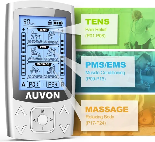 Vista 3 de AUVON Unidad TENS EMS de doble canal, 24 modos, estimulador muscular para aliviar el dolor, masajeador de máquina TENS recargable con 12