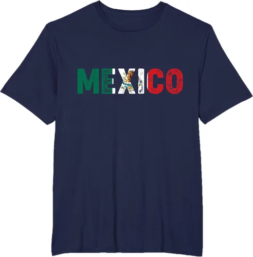 Vista 12 de Camiseta con texto en inglés «Mexico Vintage Letras» como bandera mexicana, Negro