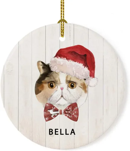 Vista 16 de Andaz Press Adorno redondo personalizado de cerámica para árbol de Navidad, abisinio, corona de acebo, sombrero de Papá Noel, con gráfico de gato