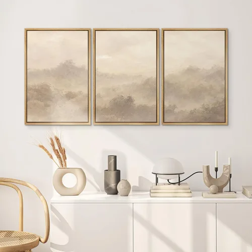 Vista 582 de SIGNWIN Lienzo enmarcado para pared, juego de arte pastel con cadena montañosa, bosque, niebla, naturaleza silvestre, ilustraciones modernas, arte
