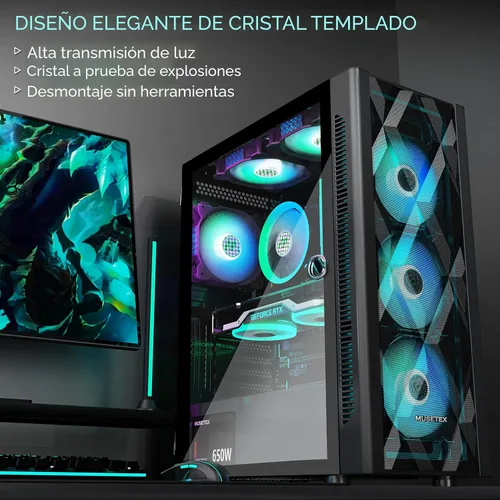 Vista 6 de MUSETEX Carcasa ATX para PC preinstalada 6 ventiladores PWM ARGB, funda de malla poligonal para juegos de computadora, apertura de panel lateral