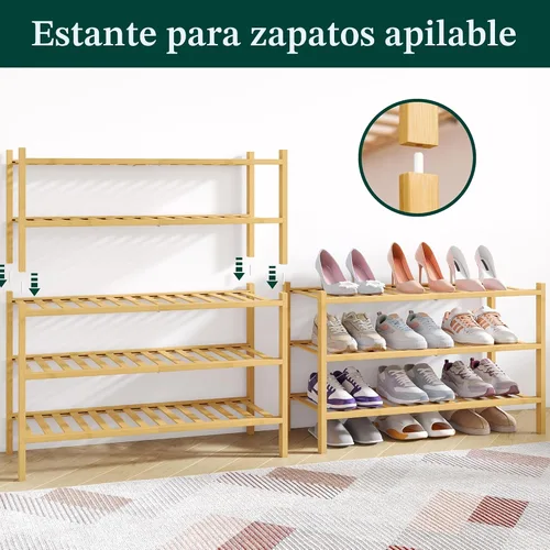 Vista 4 de Smiry Zapatero de bambú para armario, organizador de zapatos apilable de 3 niveles, estante de almacenamiento de zapatos independiente para entrada