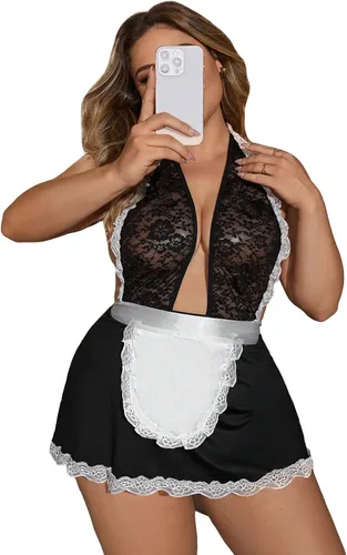 Vista 4 de WDIRARA Conjunto de lencería de encaje floral para mujer, talla grande, vestido con diadema