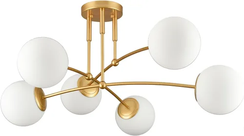 Vista 9 de CLAXY - Lámpara de techo dorada de mediados de siglo, semiempotrada, lámpara de globo de ópalo Dimmable 6-Light Sputnik Ceiling Chandelier E26