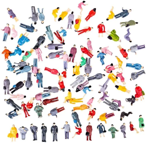 Vista 3 de Figuras de resina de 100 piezas de escala HO, juego de personas de modelo pintado mixto, personas coloridas sentadas y de pie para tren, parque