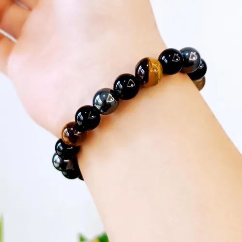 Vista 67 de Pulseras de triple protección con piedra de ojo de tigre de obsidiana negra con hematita para hombres y mujeres, pulsera de piedra curativa