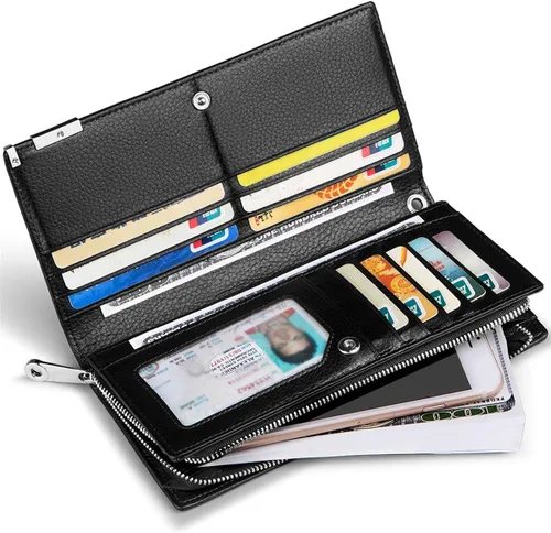 Vista 3 de Huztencor Billeteras largas para hombre de cuero RFID bloqueo billetera plegable con cremallera