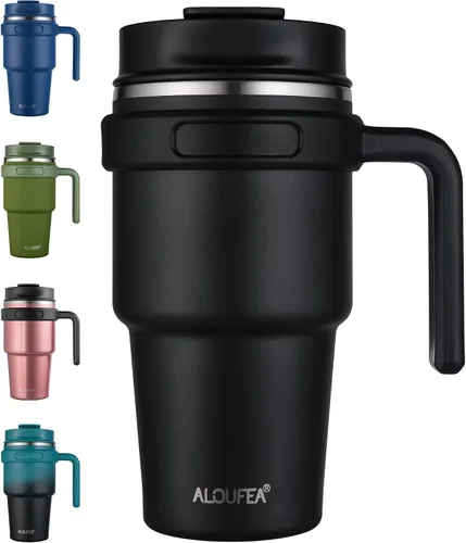 Vista 25 de Taza de café aislada de 20 onzas con asa, vaso de viaje de acero inoxidable con tapa y popote, taza térmica de doble pared al vacío a prueba de Negro
