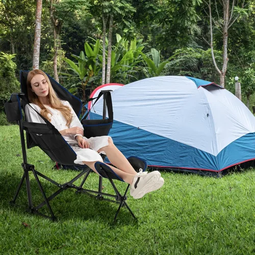 Vista 9 de Giantex Hamaca para exteriores, silla de campamento, mecedora con reposapiés extraíble, respaldo ajustable, almohada, soporte para tazas, bolsa
