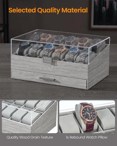 Vista 6 de Hzuaneri Caja de reloj, regalos de Navidad, caja de reloj de 12 ranuras con tapa acrílica grande, almohadas de reloj extraíbles, organizador de caja