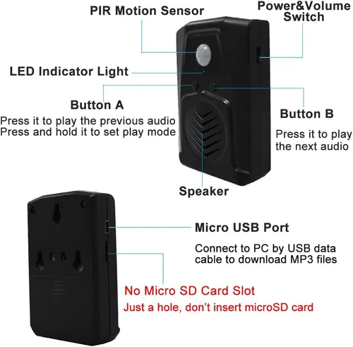 Vista 2 de Altavoz reproductor de sonido activado con sensor de movimiento PIR con cable USB, descarga tus propios archivos de audio MP3 para reproducir Negro