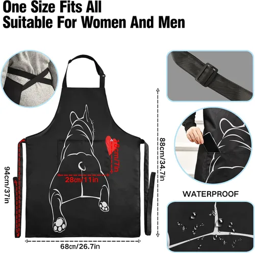 Vista 3 de ALAZA Bulldog - Delantal negro para cachorros franceses para hombres y mujeres, chef con bolsillos para cocina, barbacoa, regalos de trabajo, correa