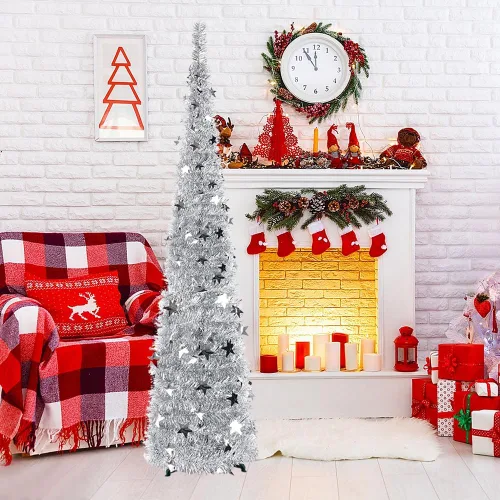 Vista 8 de 6FT Silver Pop up Christmas Tree, Collapsible Christmas Tree Árbol de Navidad de oropel de lentejuelas brillantes, árbol de Navidad artificial fácil