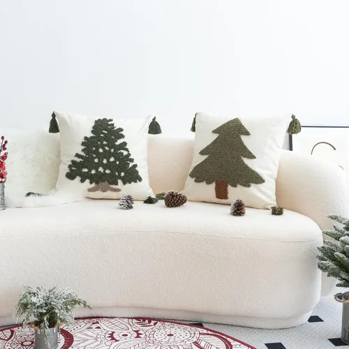 Vista 4 de Funda de almohada verde copetuda con borlas, funda de cojín tejida a mano para decoración del hogar de vacaciones de invierno, 18 x 18 pulgadas, 1