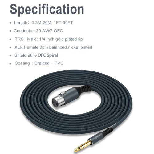 Vista 6 de Twozoh Cable corto XLR hembra a 1/4 TRS de 1 pie, trenzado conector estéreo de 0.250 in equilibrado a cable de micrófono XLR de 3 pines