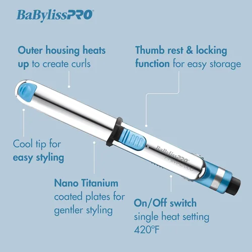 Vista 4 de BaBylissPRO Nano Titanium Prima2000 Ionic Styling Iron, 3/4" stainless steel travel/mini iron, all hair types