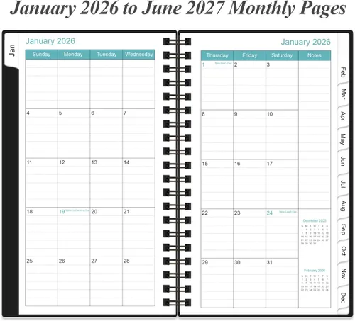 Vista 3 de Agenda mensual 2026-2027 – enero 2026 – junio 2027, dos páginas por mes, calendario mensual de 18 meses con pestañas, encuadernación fuerte de doble