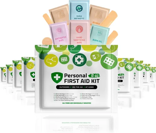 Vista 9 de Kit de primeros auxilios portátil de tamaño de viaje, paquete de 10 Perfecto para el hogar, oficina, automóvil, escuela, negocios, viajes