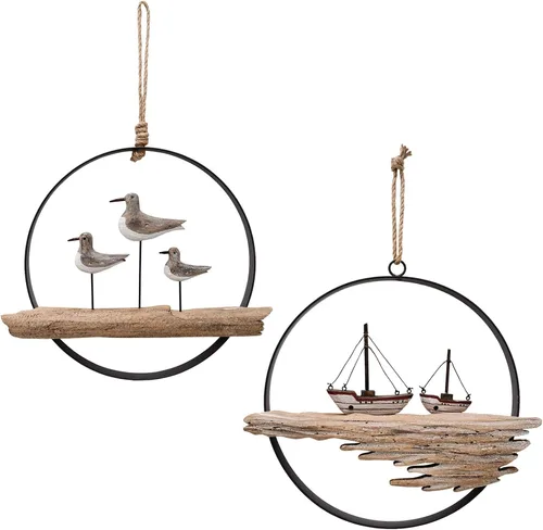 Vista 9 de Decoración de pared de madera náutica, círculo colgante de madera rústica Velero