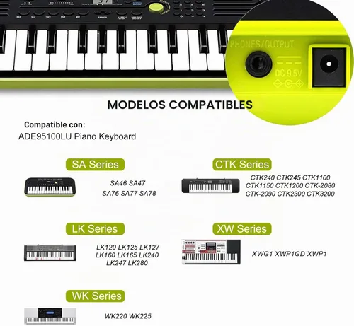 Vista 3 de Adaptador de corriente de cargador Casio de 9.5V Casio compatible con Casio Piano AD-E95100LU, Casio Keyboard SA-76, SA-77, SA-46, LK-135, WK-225