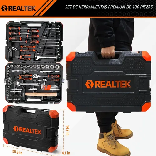 Vista 2 de REALTEK - Juego de herramientas mecánicas de 100 piezas, impacto métrico 1