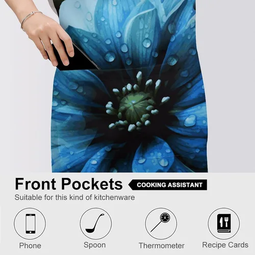 Vista 5 de MUSM Blue Flower Apron，Classic Vintage Funny with Pockets Aprons,Adjustable Bib Waterdrop Resistant for Kitchen Cooking Restaurant BBQ Painting