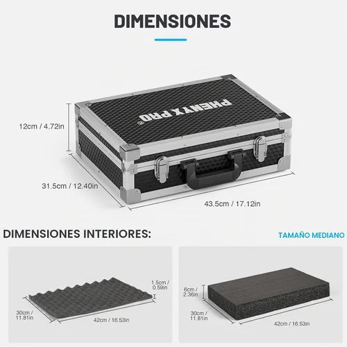 Vista 6 de Phenyx Pro Estuche de transporte de tamaño mediano, espuma precortada personalizable, construcción robusta de aleación de aluminio, adecuado