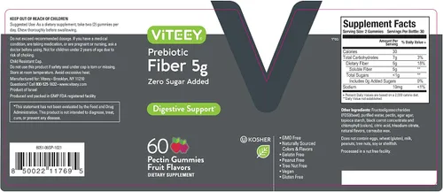 Vista 9 de Viteey Gomitas de fibra prebiótica para adultos, 0.18 oz - Gomitas de suplemento de fibra soluble digestiva y salud intestinal - Cero azúcar