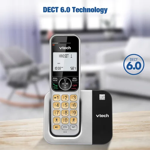 Vista 7 de Sistema de teléfono inalámbrico VTech para el hogar con bloqueo de llamadas, pantalla grande y botones, pantalla retroiluminada, altavoz
