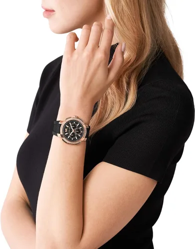 Vista 4 de Michael Kors Reloj de cuarzo de acero inoxidable Sidney para mujer con correa de silicona, NegroRosa, Reloj de cuarzo
