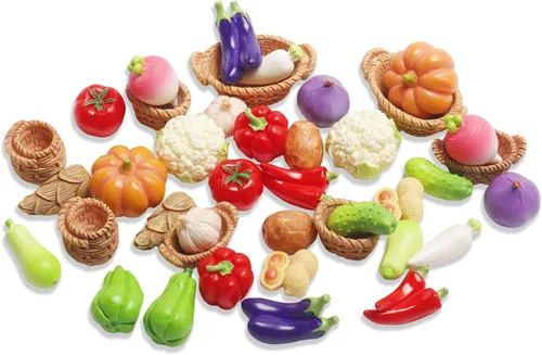 Vista 9 de Exasinine 33 piezas de figuras de frutas en miniatura, fresa, melocotón, uvas, mini figuras de resina, frutas artificiales para jardín, cocina