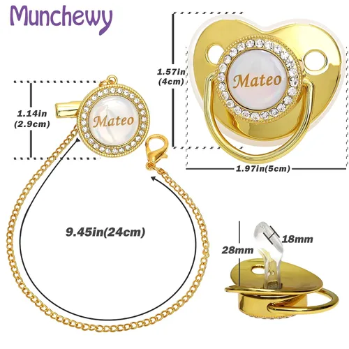 Vista 3 de Chupete personalizado con nombre, juego de clip para chupete dorado brillante con caja de regalo, tarjeta de felicitación, lujoso chupete de cristal