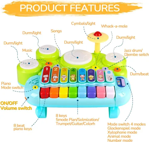 Vista 2 de Juguetes Musicales para Bebés 3 en 1 Piano Teclado Xilófono Juego de Tambores para Niñas y Niños de 1 Año Juguetes Edad 2 Años Instrumento Musical