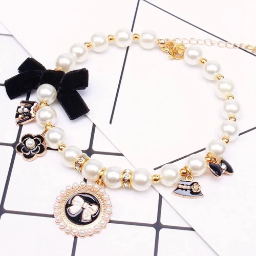 Vista 4 de PETCTN Collares de perlas para perros, collar de lazo de princesa, collar para mascotas, collar lindo para cachorros, accesorios de joyería de gato
