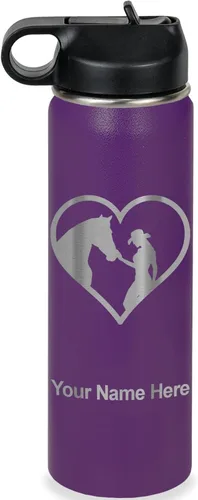 Vista 42 de LaserGram Botella de agua personalizada, corazón de vaquera de caballo, acero inoxidable de doble pared aislada al vacío con popote superior, regalo