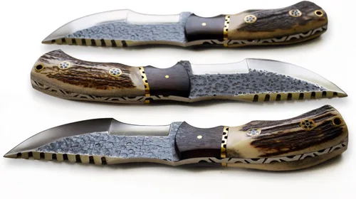 Vista 5 de Cuchillo de caza de Damasco con mango de asta de ciervo y funda de cuero (rastreador D2, hoja de 4.5 pulgadas)