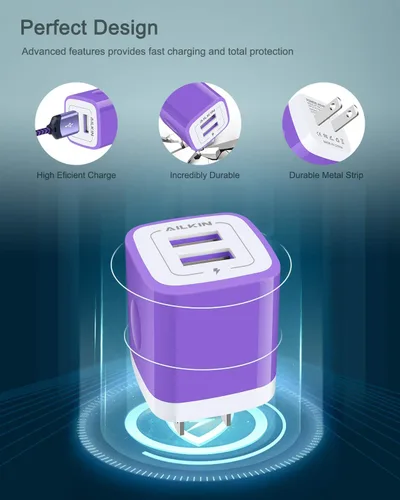 Vista 34 de AILKIN - Cargadores para iPhone con certificación MFI, cable Lightning trenzado de 6 pies de largo USB Wall Charger, Fast Charging Power Cord Plug