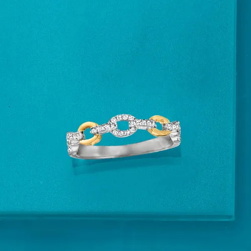 Vista 4 de Ross-Simons 0.20 ct. t.w. Diamond Paper Clip Link Ring in Sterling Silver and 14kt Yellow Gold
