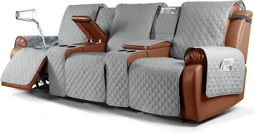 Vista 27 de Ruaozz Funda impermeable para sofá biplaza reclinable con consola, funda antideslizante para sofá reclinable dividido, con correas elásticas Beige