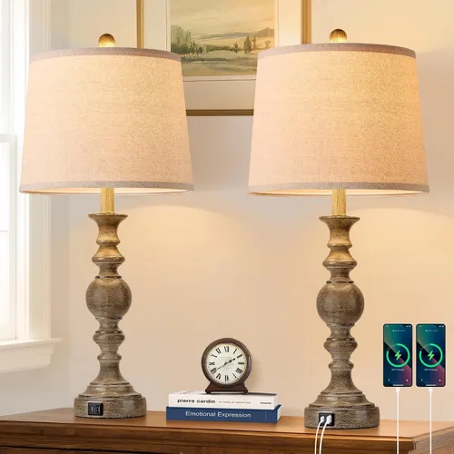 Vista 12 de Juego de 2 lámparas de mesa de 28 pulgadas para sala de estar, lámparas de estilo granja para dormitorio con puertos USB, lámpara de mesa de noche