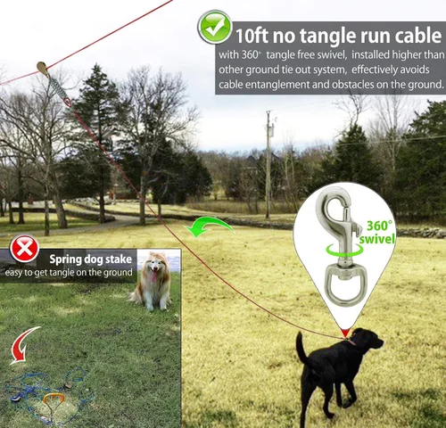 Vista 7 de Sistema de carretilla aérea resistente para perros pequeños a grandes, cable de funcionamiento de 100 pies/75 pies con cable de pasillo de 10 pies