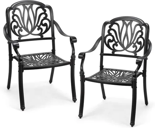Vista 23 de VINGLI Juego de 2 sillas de patio apilables de aluminio fundido para exteriores con acabado negro vintage y patrón floral, sillones de metal