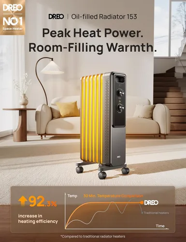 Vista 2 de Dreo Calentador de Radiador, Perillas Dobles, 8 Protecciones de Seguridad, Calentadores Eléctricos de Espacio de 1500W para Uso Interior Habitación
