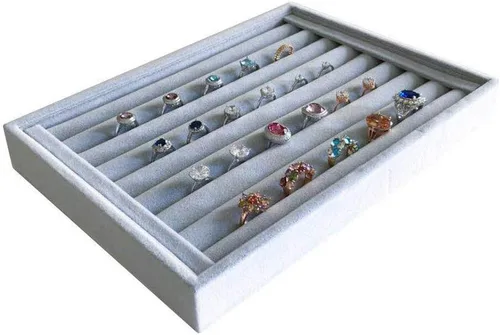 Vista 4 de Svea Display Bandeja organizadora de anillos de terciopelo gris, ideal para cajones de espacios pequeños, práctica, apilable, de grado premium