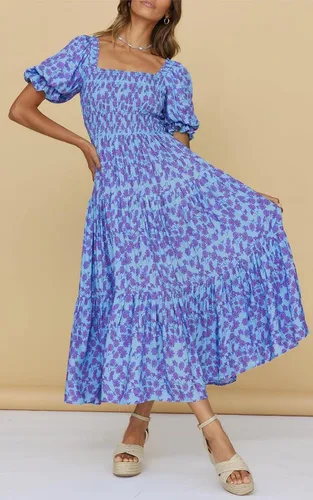 Vista 5 de PRETTYGARDEN Vestidos de verano con estampado floral bohemio para mujer, cuello cuadrado, manga abombada, acampanado, vestido largo casual fruncido