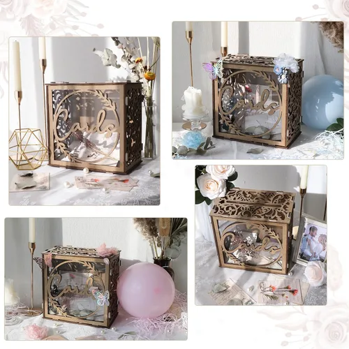 Vista 6 de OurWarm Caja de Tarjetas de Boda para Recepción, Cajas de Tarjetas de Boda de Madera con Ventana, Caja de Tarjetas de Regalo de Dinero con Sobre